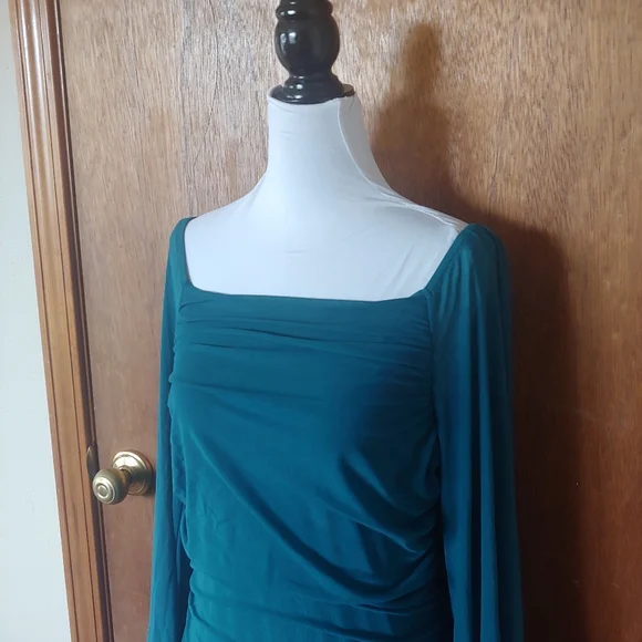 NWT Merokeety Teal Green Blue Mesh Ruched Lanturn Long Sleeve Mini Dress XL - Picture 5 of 16